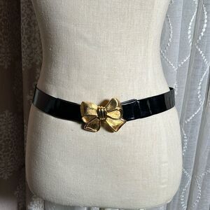 Vintage patent leather Belt with metal gold bow buckle